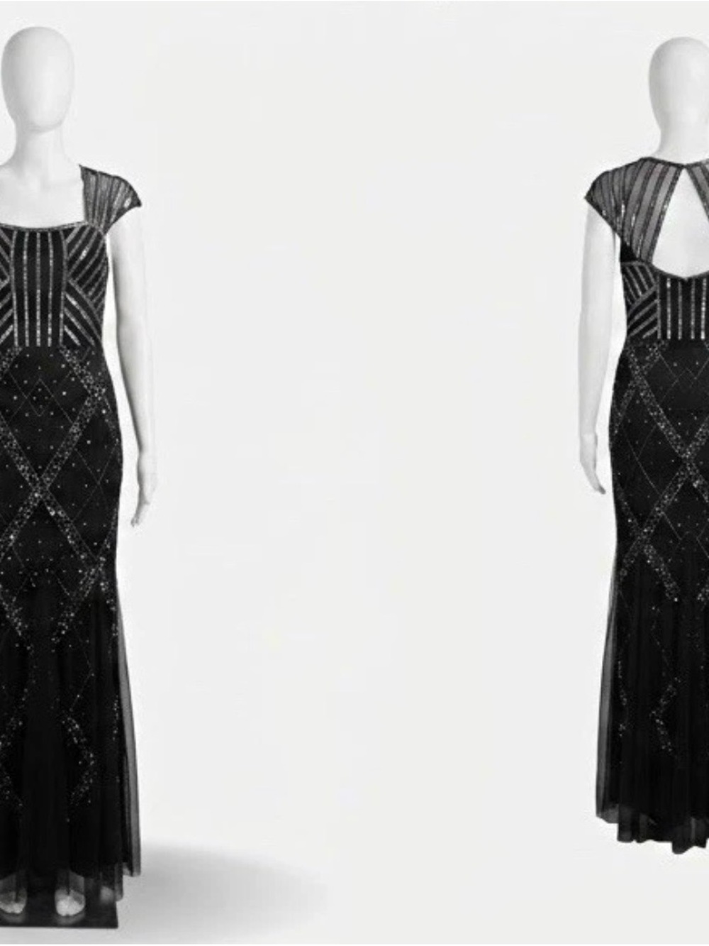 Papell Boutique Black Beaded Cap-Sleeve Maxi Gown